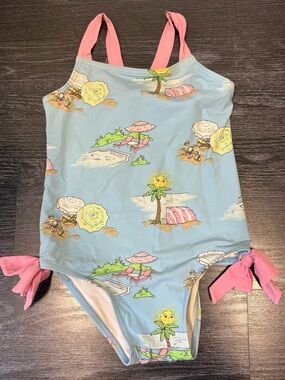 TBBC Girls Light Blue Beach Print One-Piece Swimsuit with Pink Ties